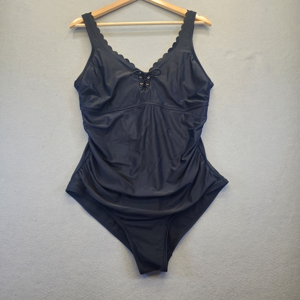 Kona Sol Black Scalloped Lace Up One Piece Swimsuit XL Ruched Cutout Back NWOT